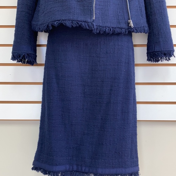 J. CREW Tweed Moto 2 pc Suit Set Jacket (6) ; Skirt (4) Navy Blue Tweed Fringe - Picture 14 of 16